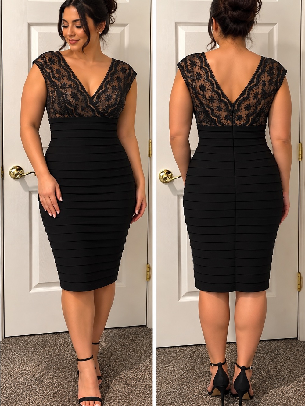 Adrianna Papell Black Lace V-Neck Midi Dress